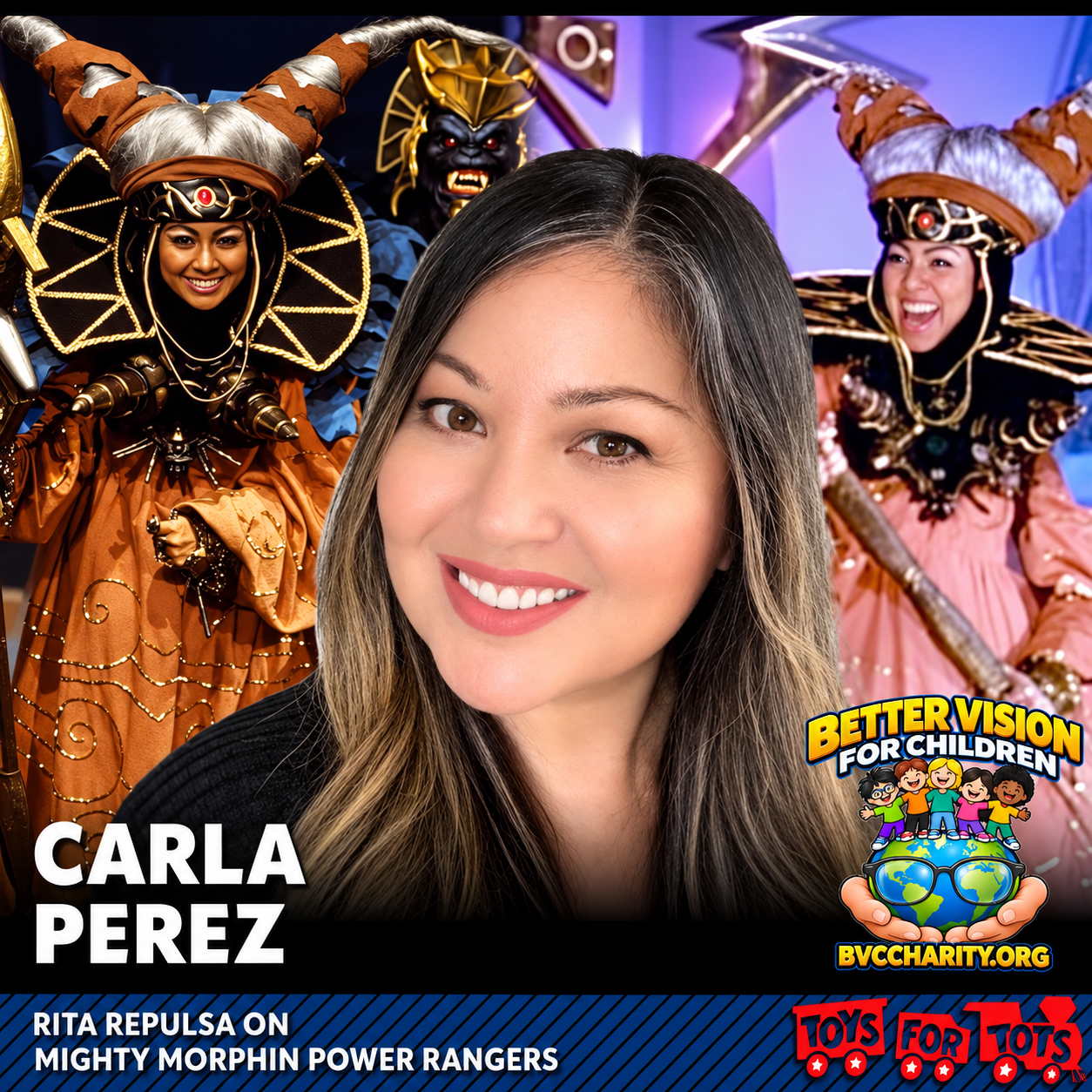 Carla Perez with images of her character Rita Repulsa