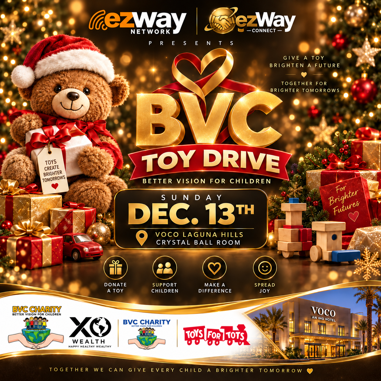 Official BVC Toy Drive flyer for Better Vision for Children: Sunday, December 13 at VOCO Laguna Hills, Crystal Ballroom.